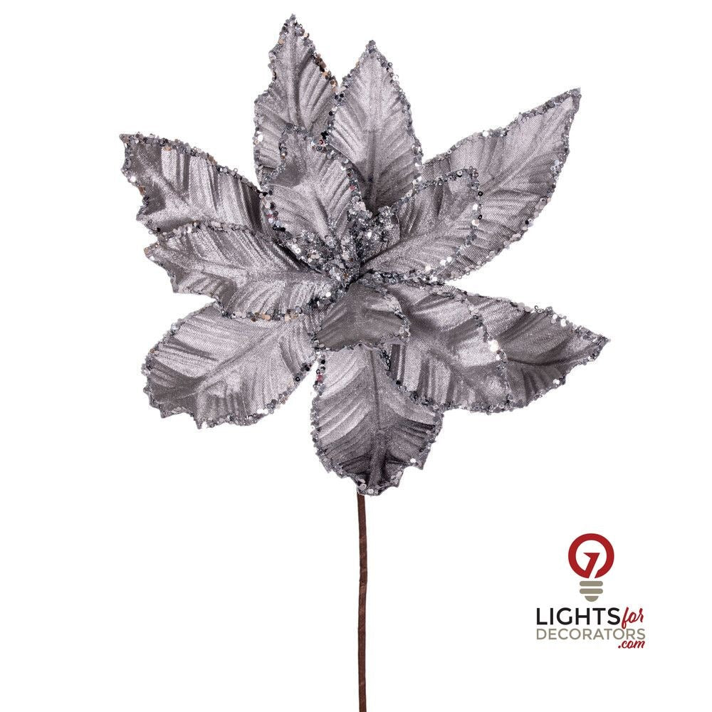 24" Velvet Poinsettia - Set of 3 - Silver