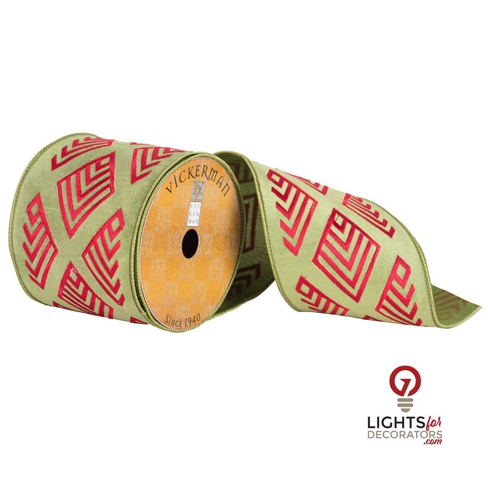 4" Ribbon - Embroidered Tiles - 10 Yard Roll - Green/Red