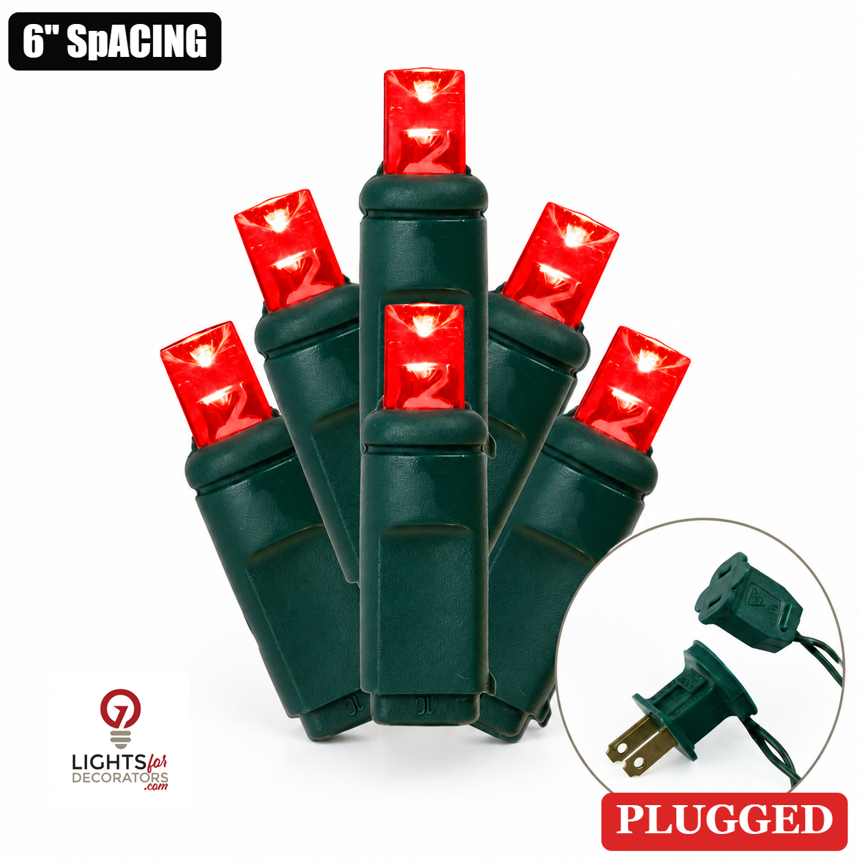 5MM 50L Light Set BALLED - 6" Green Cord - RED Red- 50 Ct - 6"- Green — view 1