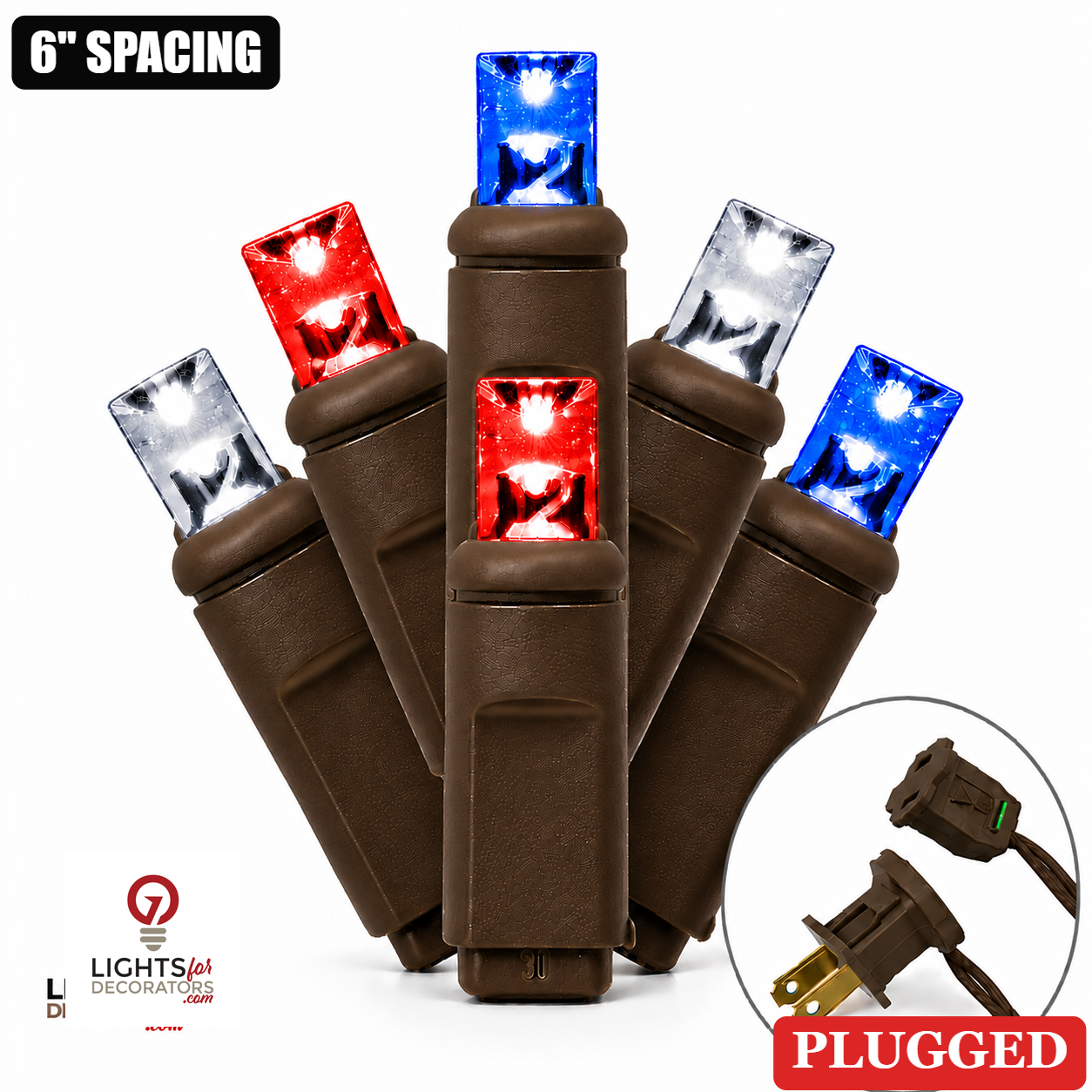 5MM 50L Light Set BALLED - 6" Brown Cord - PATRIOTIC(RD/PW/BL) — view 1