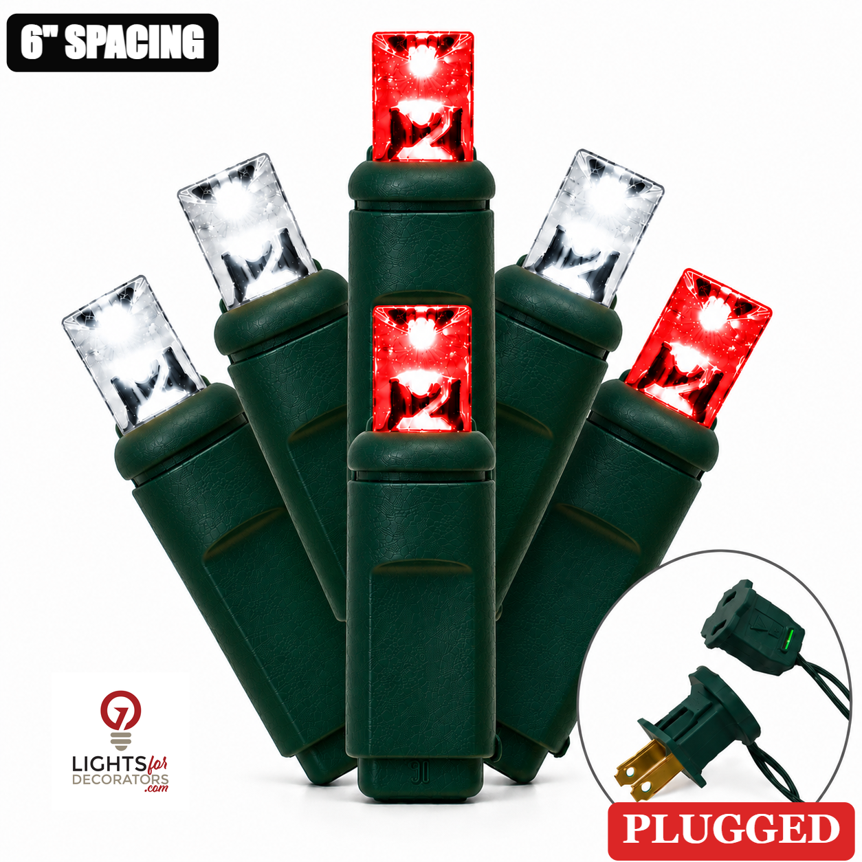 5MM 50L Light Set BALLED - 6" Green Cord - CANDY CANE Red-Pure White- 50 Ct - 6"- Green — view 1