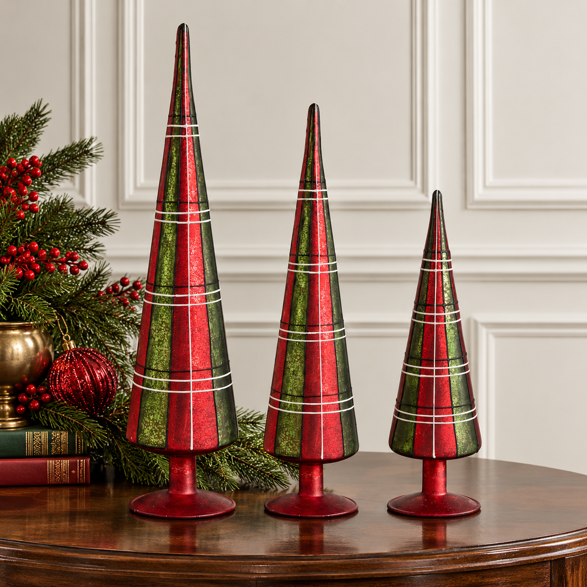 Red & Green Tartan Glass Tree Set - 12", 15" & 18.5" - Set of 3 — view 2