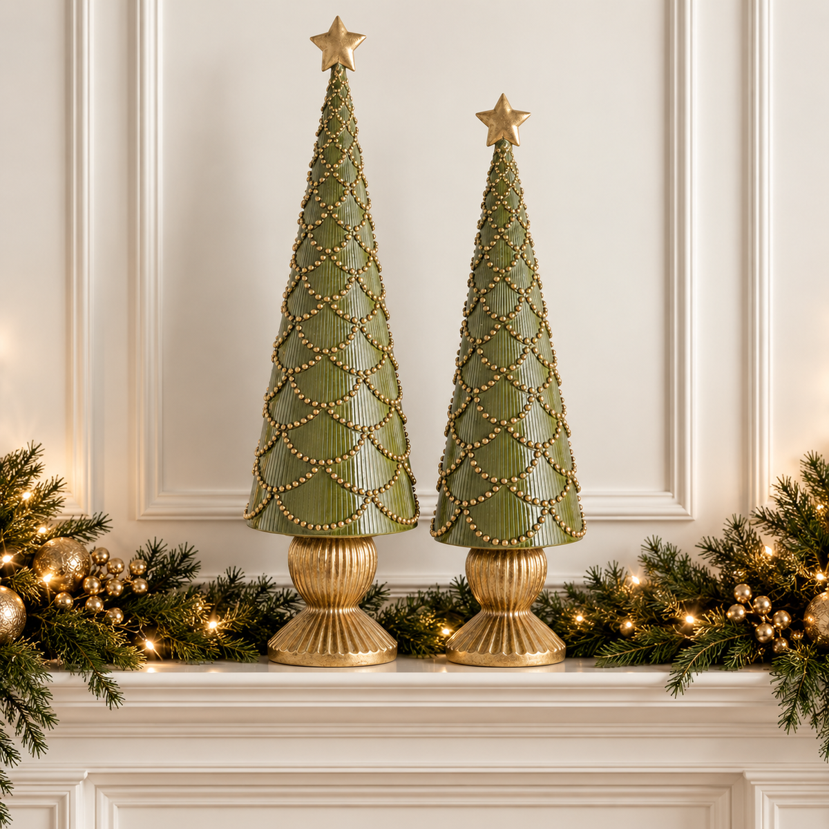 Tree Set with Gold Scallops & Star - 17" & 23" - Green - Set of 2 — view 2