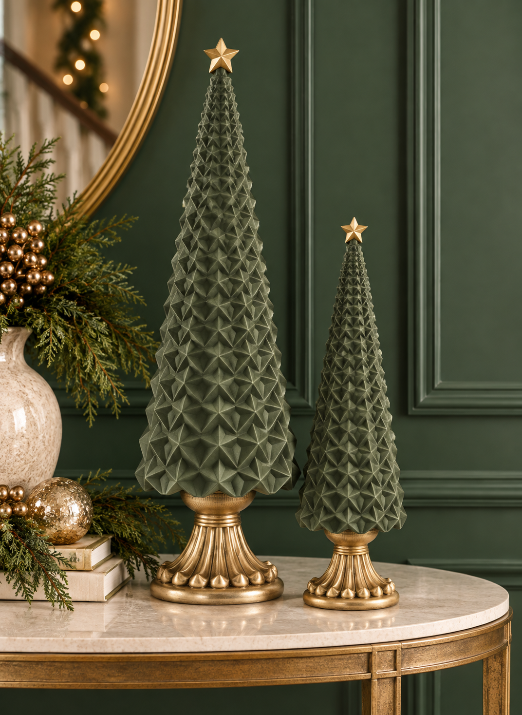 Velvet Star Embossed Tree Set - 13.5" & 21.5" - Sage Green - Set of 2 — view 2