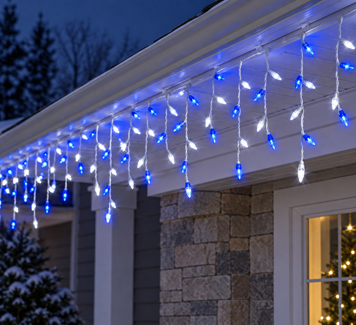 Blue/Pure White Commercial M5 Faceted Icicle Light - 70 Lights - White Wire — view 2