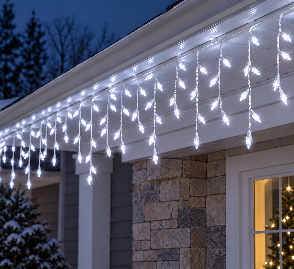Pure White Commercial M5 Faceted Icicle Light - 70 Lights - White Wire — view 2