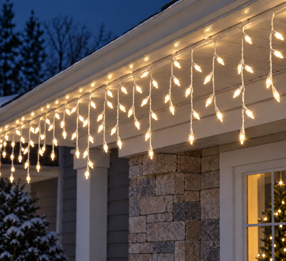 Warm White Commercial M5 Faceted Icicle Light - 70 Lights - White Wire — view 2