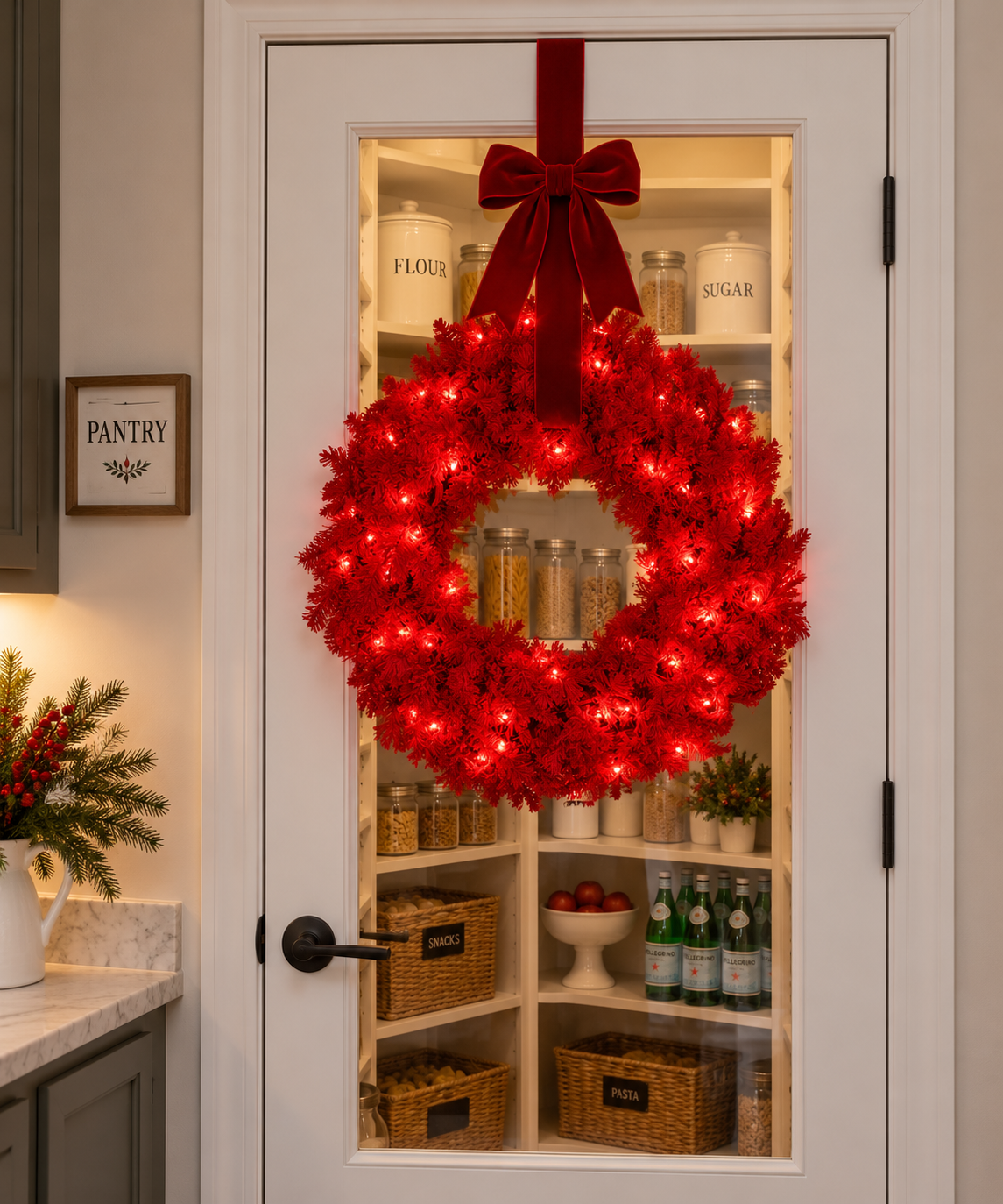 36" Red Designer Flocked Wreath - Prelit — view 2