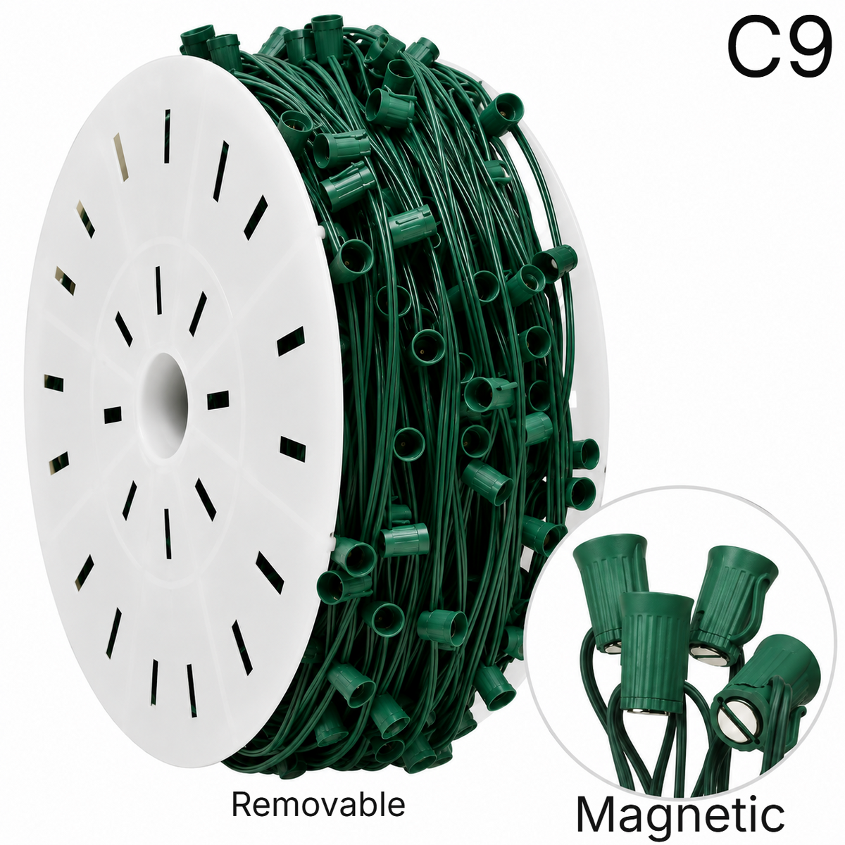 Green Magnetic C9 Socket Wire - Removable - SPT1 - 12" Spacing - 100' — view 1