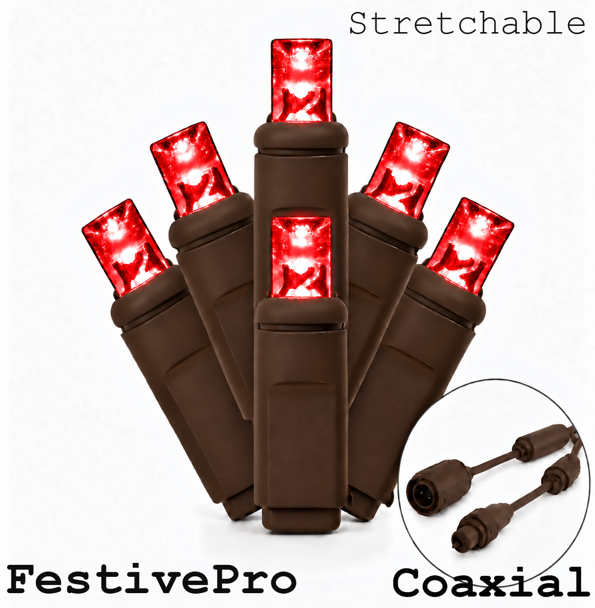 FestivePro Stretchable 5MM LED Light Set - 50 Lights - Red - Brown Wire — view 1