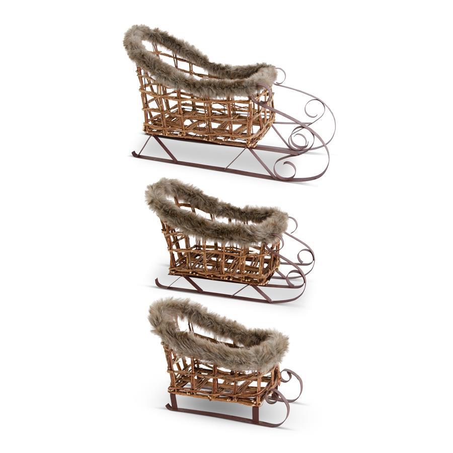 Set of 3 Brown Twig and Metal Sleighs w/Fur — view 1