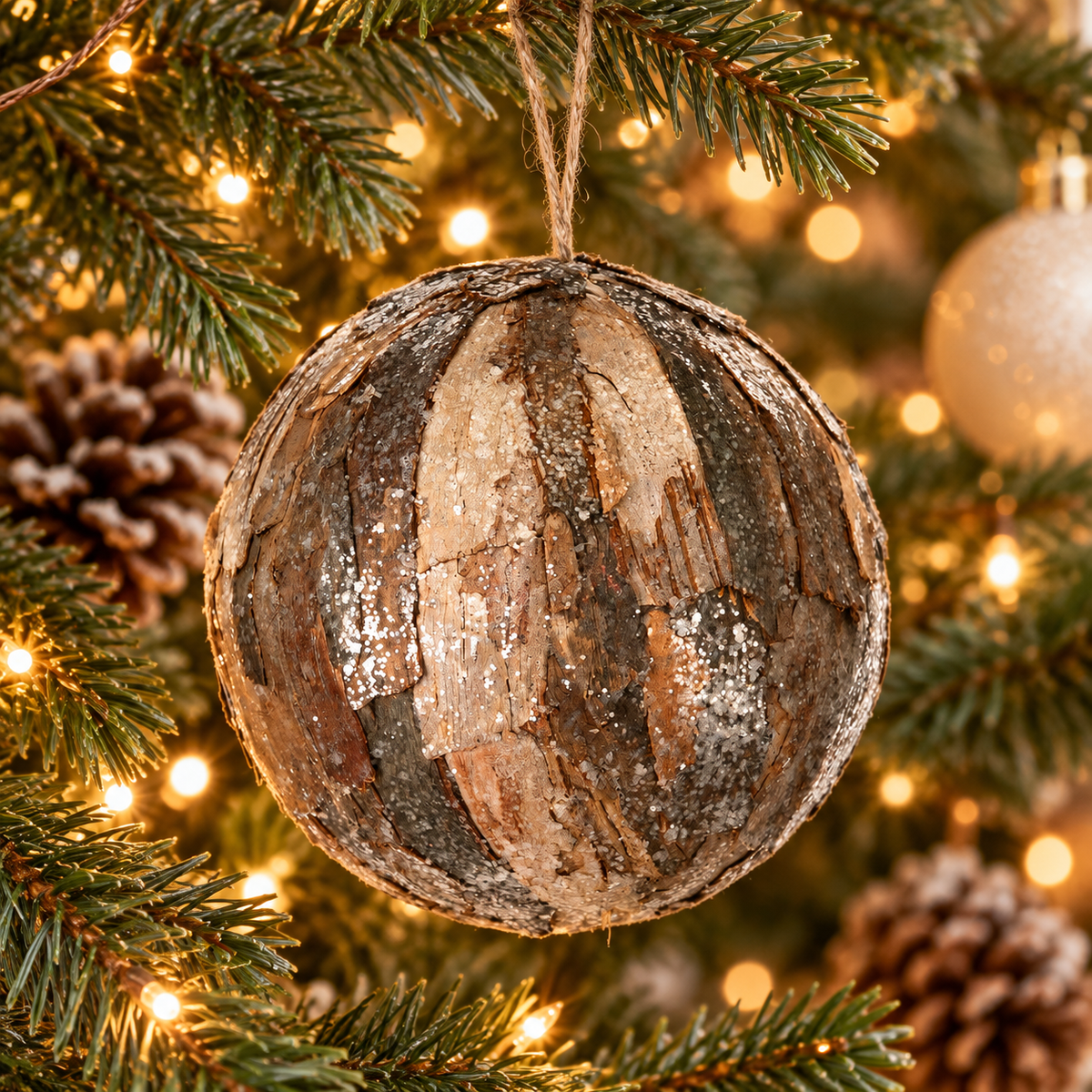 10" Frosted Natural Bark Ball Ornament — view 2