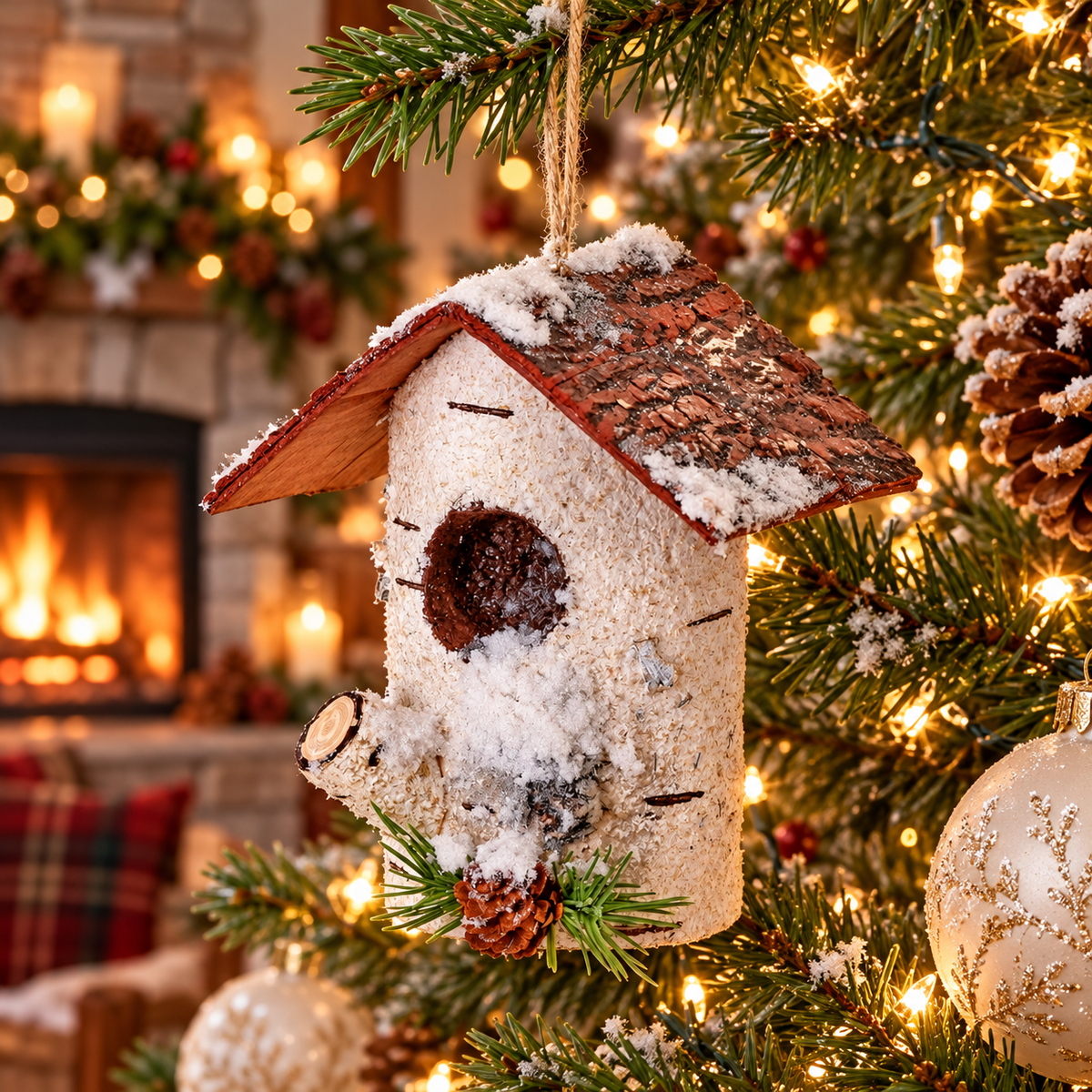 7" Birch Log Birdhouse Ornament — view 3