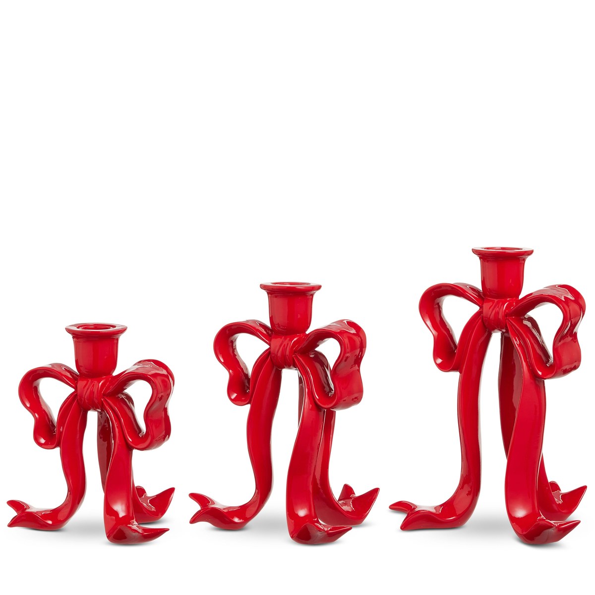 9" Red Bow Candlesticks – Set of 3
