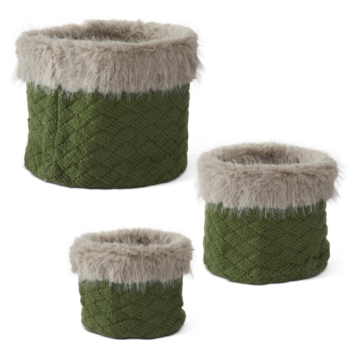 Set of 3 Vegan Fur Trimmed Dark Green Knit Nesting Baskets – Set of 3