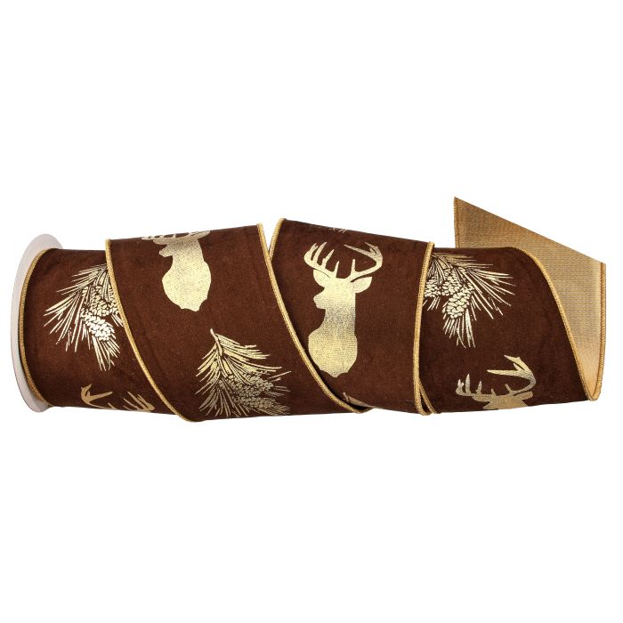 4" Ribbon - Faux Suede Deer/Pinecone - 5 yard Roll