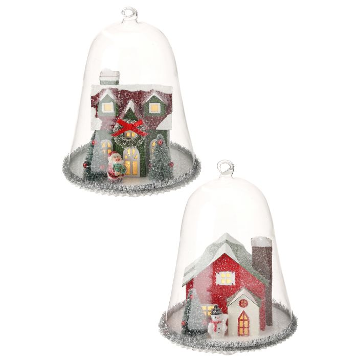8" Farmhouse and Barn Set Glass Ornaments w/ Battery Operated LED Lights and Timer - Set of 2