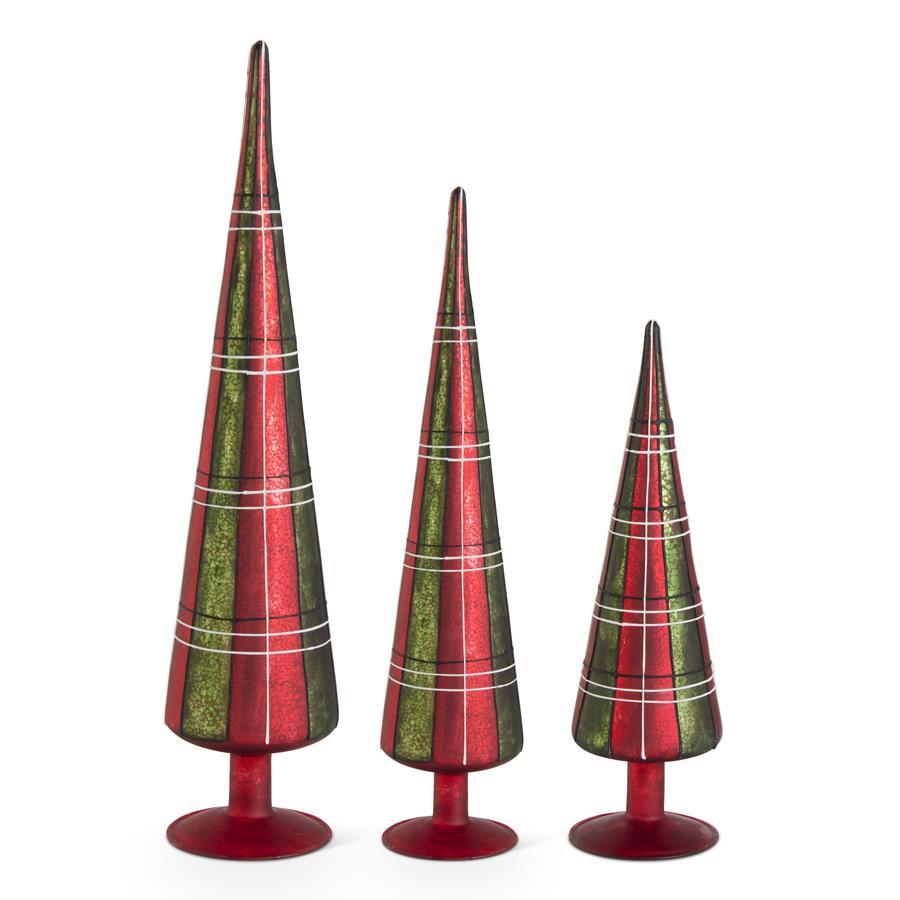 Red and Green Tartan Tabletop Glass Trees - Set of 3 - 12", 15" and 18.5" Tall