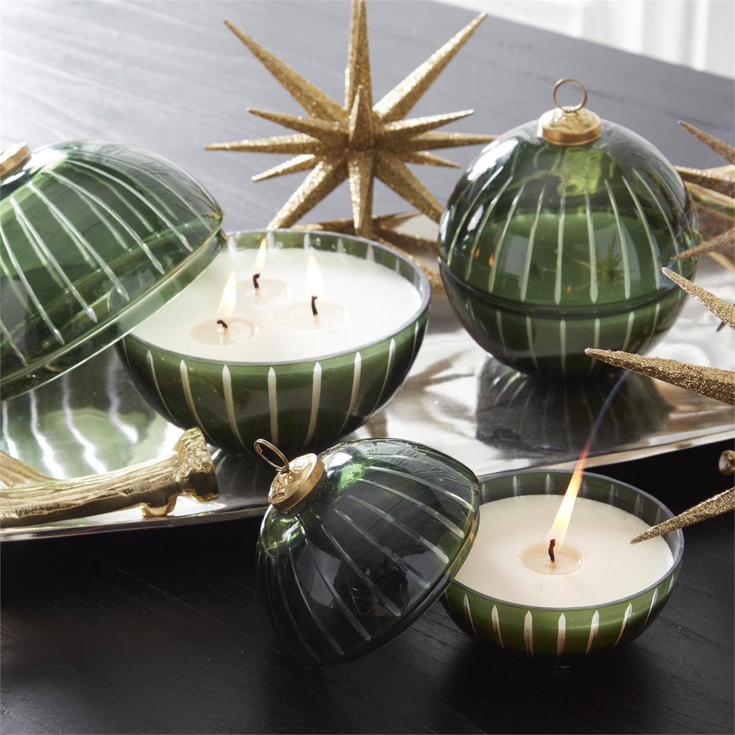 Green Etched Glass Ornament Candle - 7" — view 3