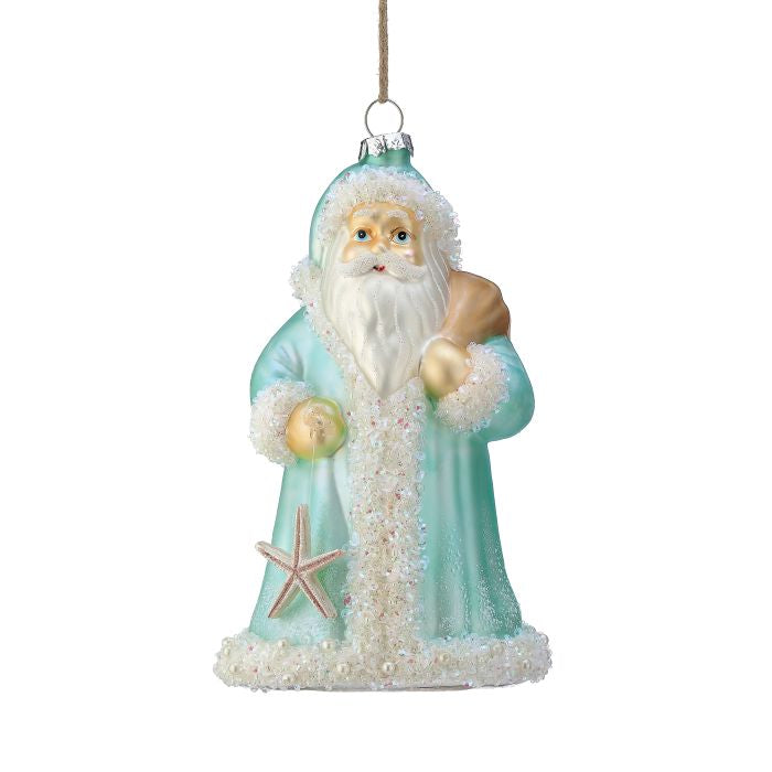 6.75" Glass Coastal Santa Ornament - Aqua Blue — view 1