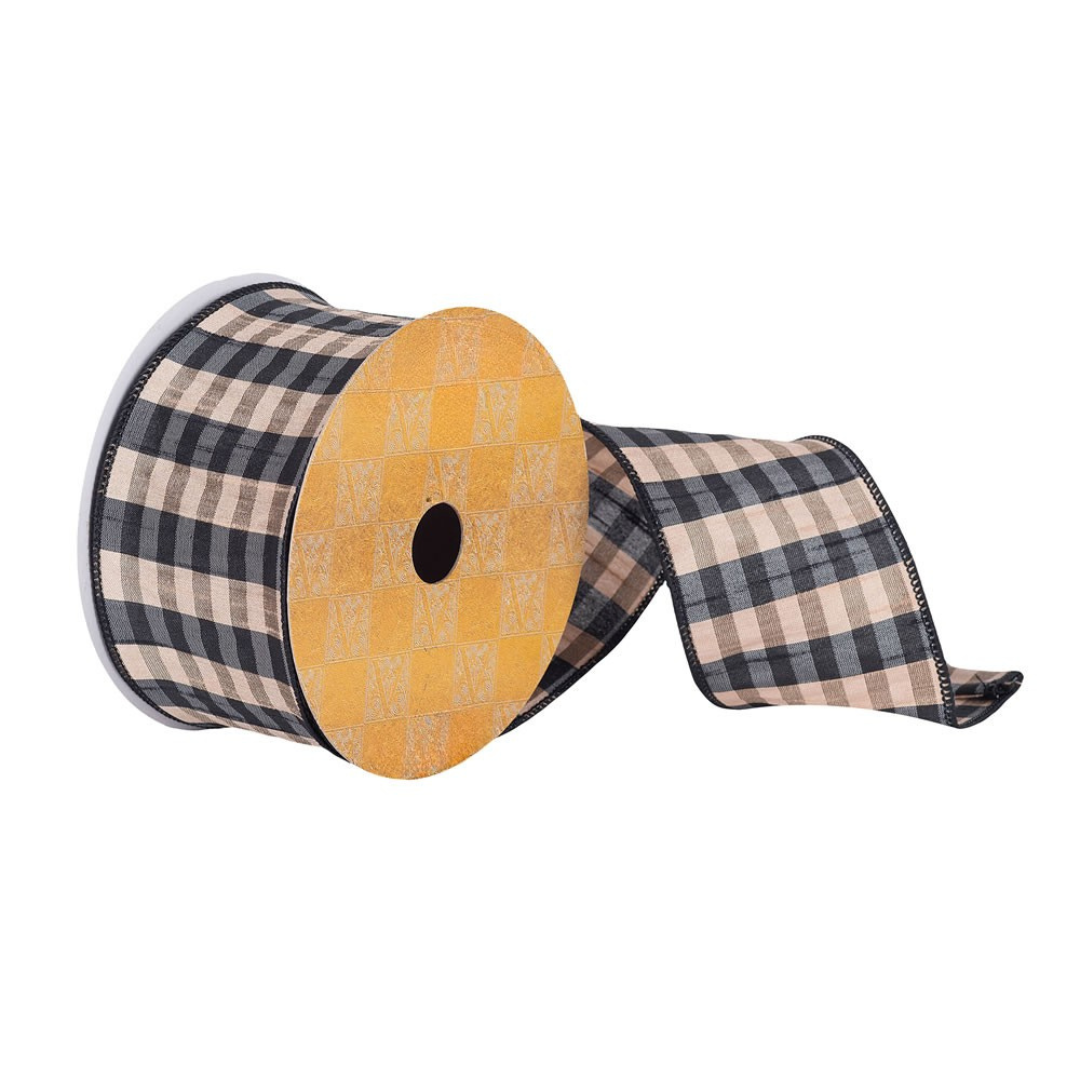2.5" Ribbon - Plaid - 10 Yard Roll - Black/Tan — view 1