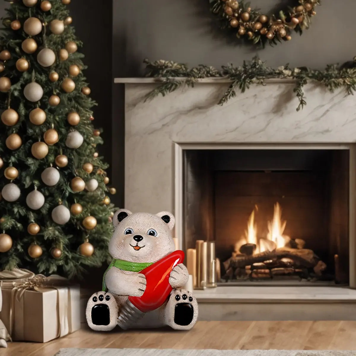 Baby Polar Bear Holding Light Bulb Resin Display