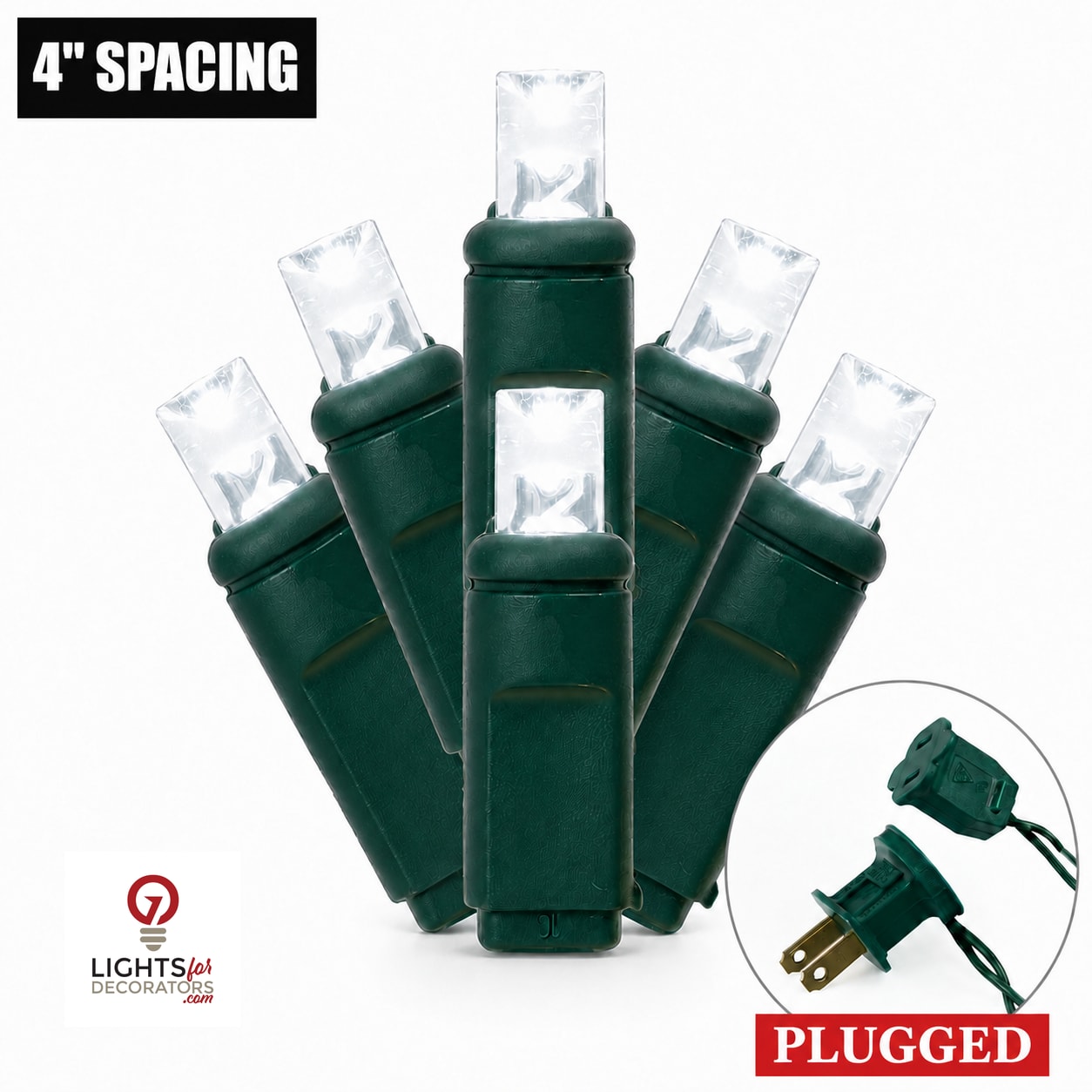 Pure White 5MM LED Light Set - 25 Lights - 4" Spacing - Green Wire Pure White- 25 Ct - 4"- Green