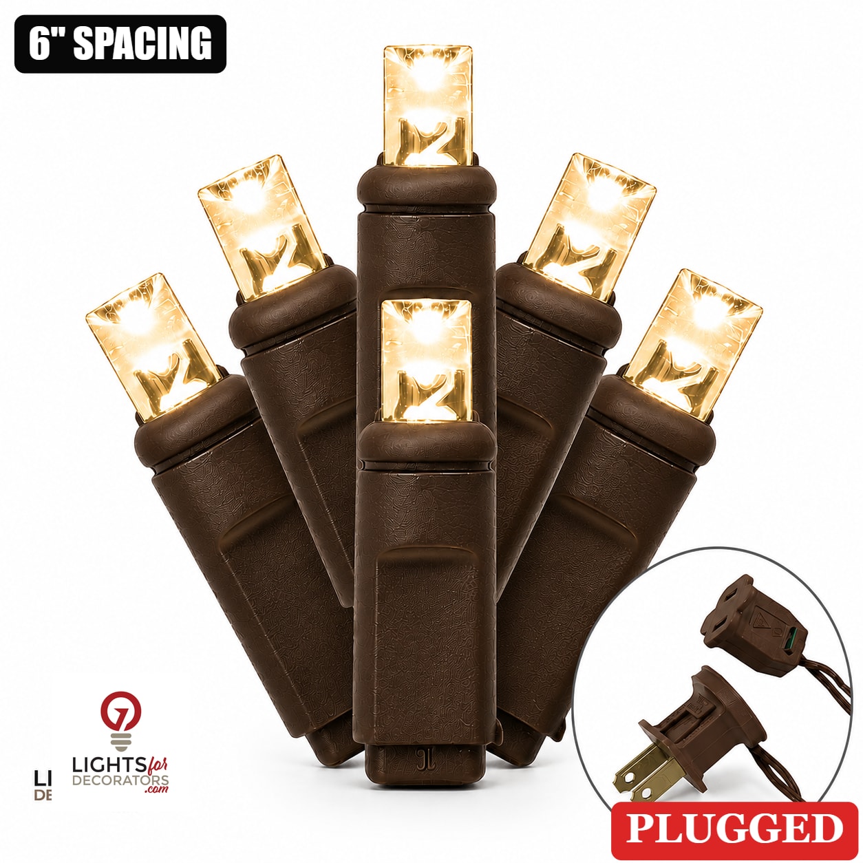 Warm White 5MM LED Light Set - 50 Lights - 6" Spacing - Brown Wire Warm White- 50 Ct - 6"- Brown