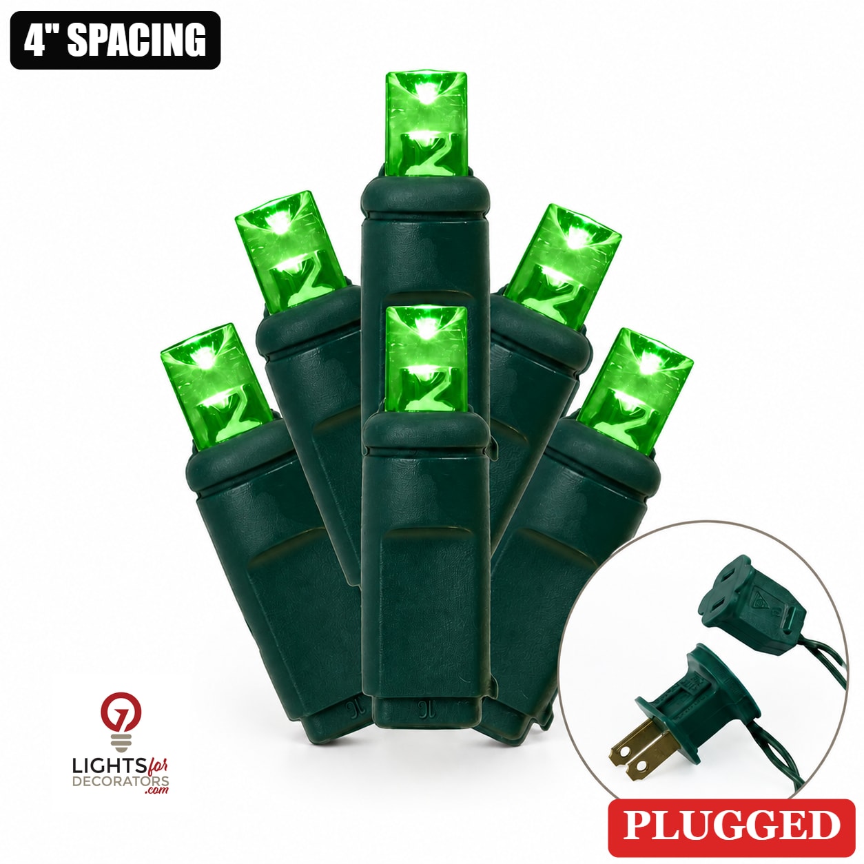 Green 5MM LED Light Set - 70 Lights - 4" Spacing - Green Wire Green- 70 Ct - 4"- Green