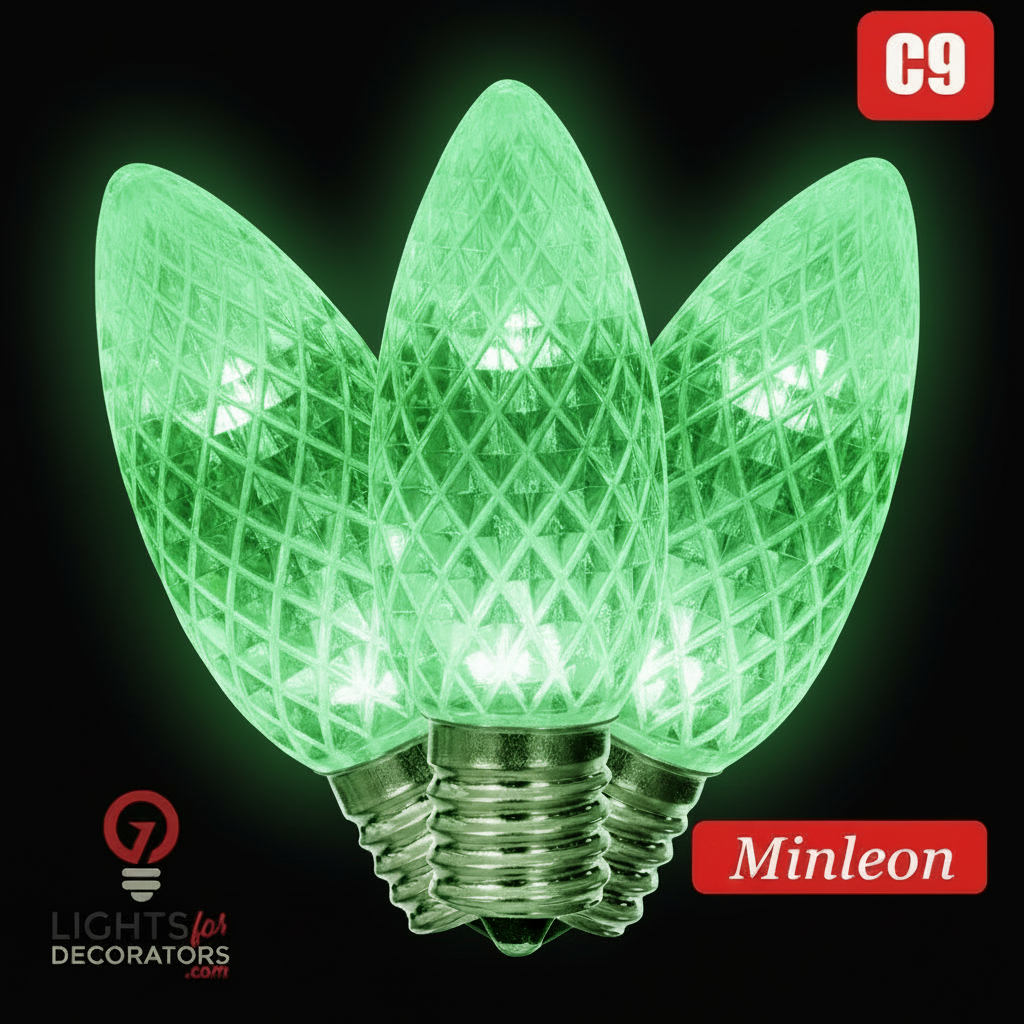 Green LED C9 - Minleon Faceted Bulb - Steady Green- Minleon — view 1