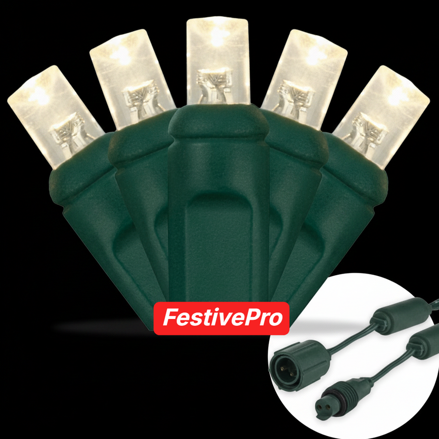 Warm White FestivePro 5MM LED Light Set - 100 Lights - 4" Spacing - Green Wire Warm White- 100 Ct - 4"- Green