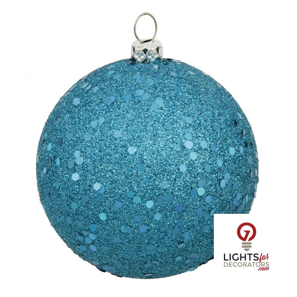 4" Shatterproof Ball Ornament - Turquoise - Sequin - Set of 6