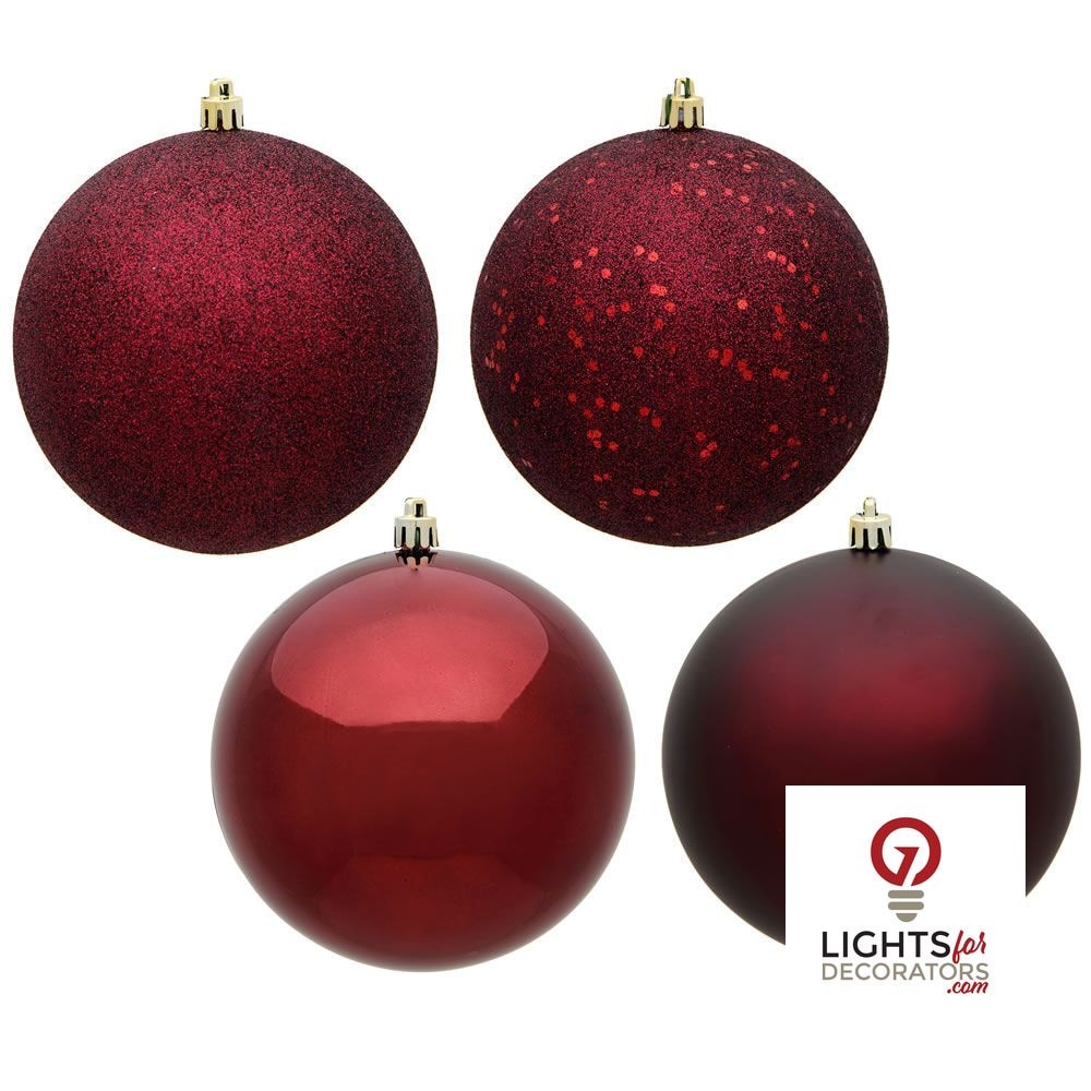 6" 4-Finish Shatterproof Ball Ornament Set - Burgundy