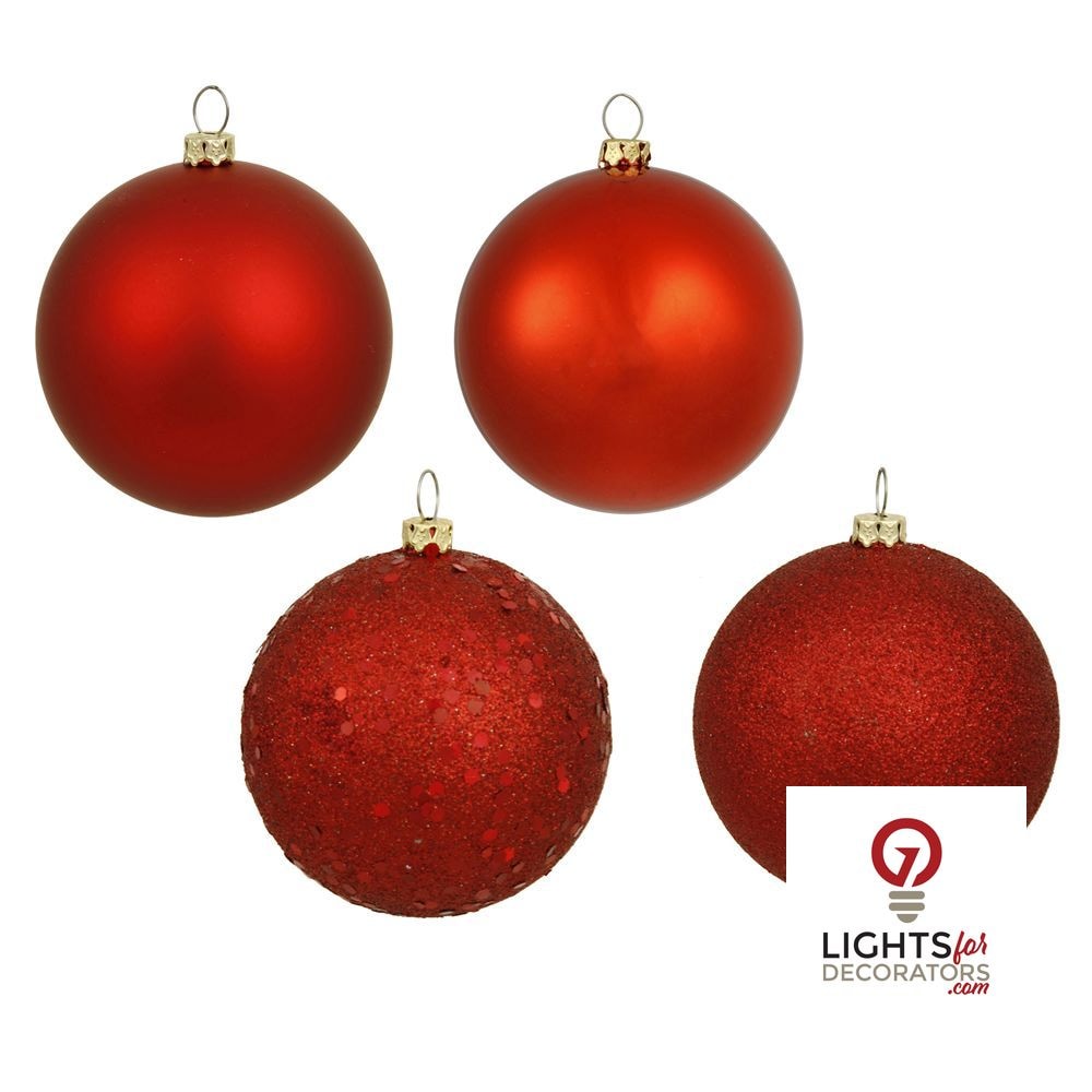 8" 4-Finish Shatterproof Ball Ornament Set - Red
