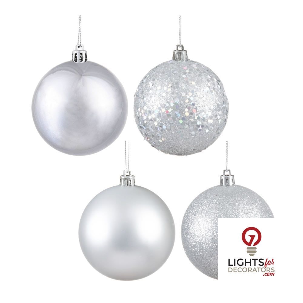 8" 4-Finish Shatterproof Ball Ornament Set - Silver
