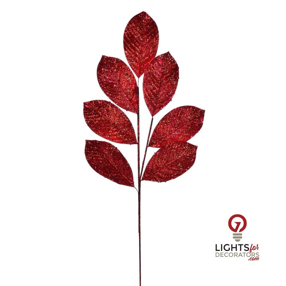 27" Glitter Leaf Spray - Set of 4 - Red