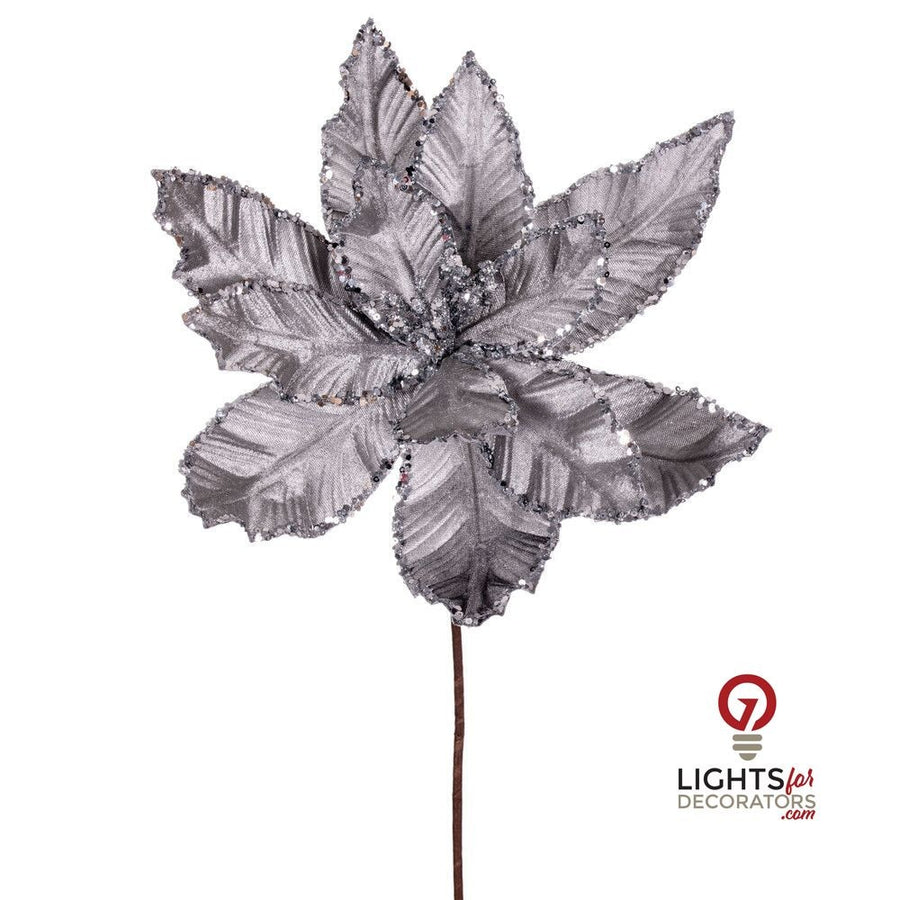 24" Velvet Poinsettia - Set of 3 - Silver Silver – Bag of 3
