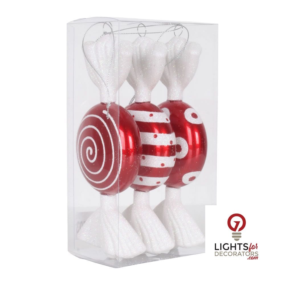7" Candy Glitter Ornament - Red/White - Set of 3