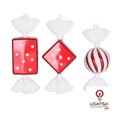 8" Candy Glitter Ornament - Red/White - Set of 3