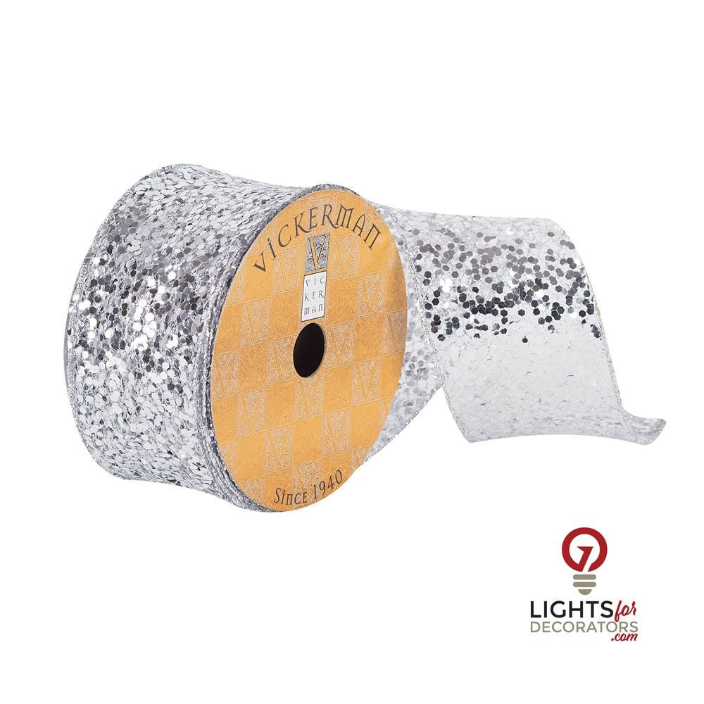 2.5" Ribbon - Sequin Woven Dupion - 10 Yard Roll - Silver