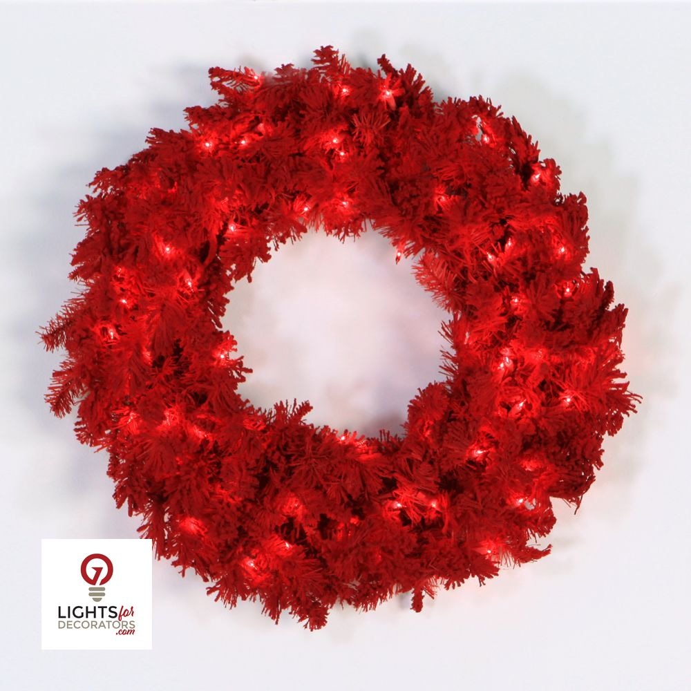 24" Red Designer Flocked Wreath - Prelit Red- 24"- 50 Red Lights — view 1