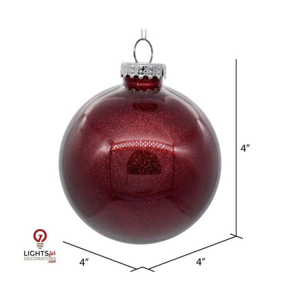 4" Glitter Clear Ball Ornament - Burgundy - Set of 6 Burgundy — view 2