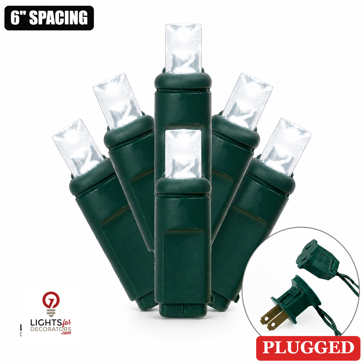 5MM 50L Light Set BALLED - 6" Green Cord - PURE WHITE Pure White- 50 Ct - 6"- Green — view 1