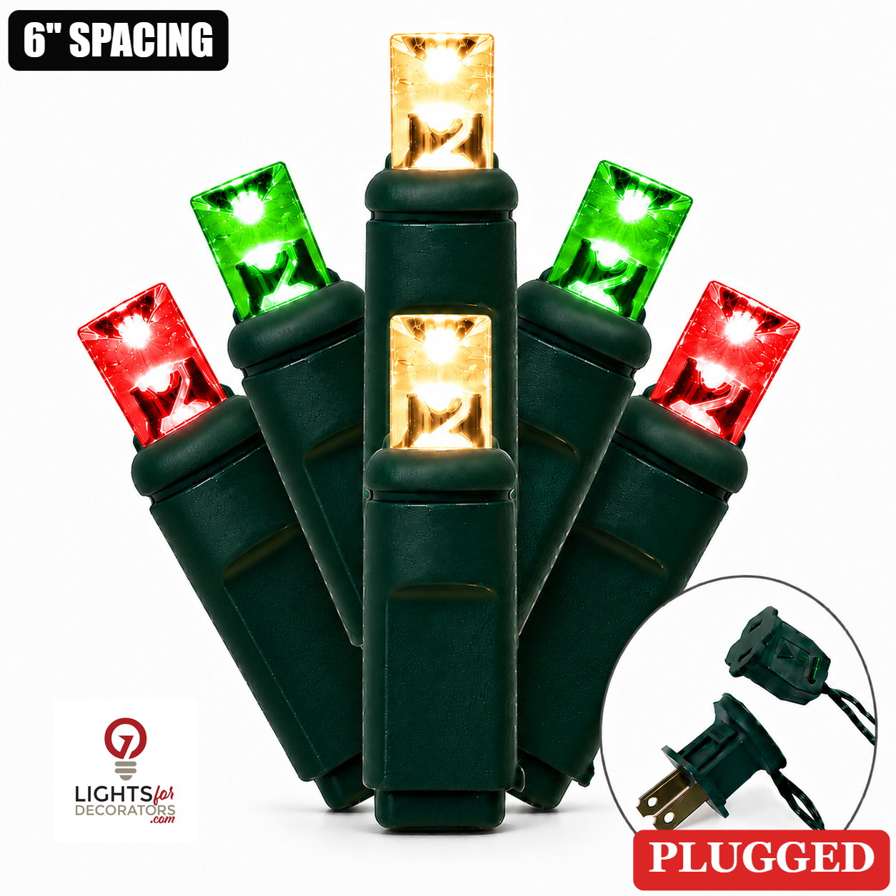 5MM 50L Light Set BALLED - 6" Green Cord - CHRISTMAS (RD/GR/WW) Red-Green-Warm White- 50 Ct - 6"- Green — view 1