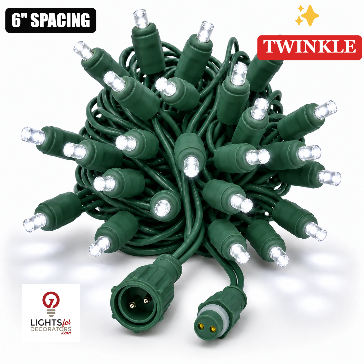 Pure White TruLit Pro 5MM LED Light Set - 50 Lights - Twinkle - 6" Spacing - Green Wire Pure White (1/5 Twinkle)- 50 Ct - 6"- Green — view 1
