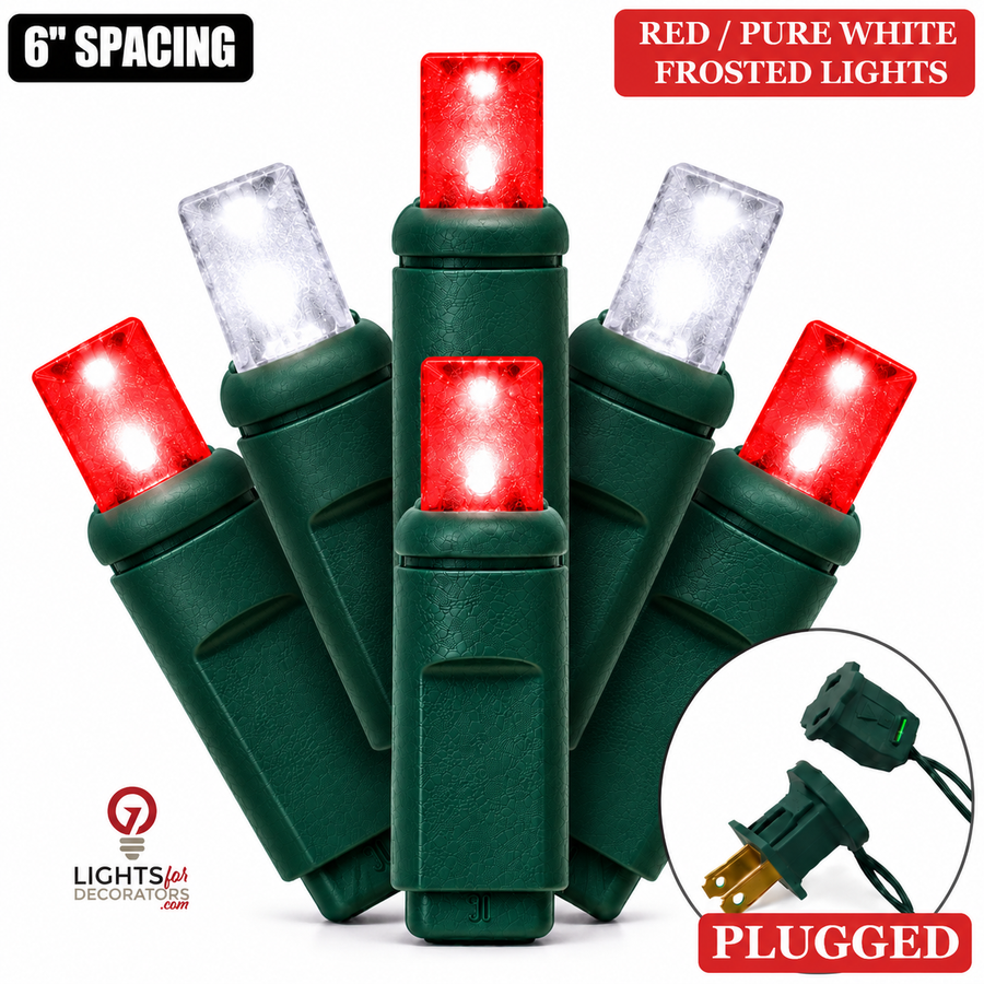 Red/Pure White Frosted 5MM LED Light Set - 50 Lights - 6" Spacing - Green Wire Red / Pure White (Frosted)- 50 Ct - 6"- Green