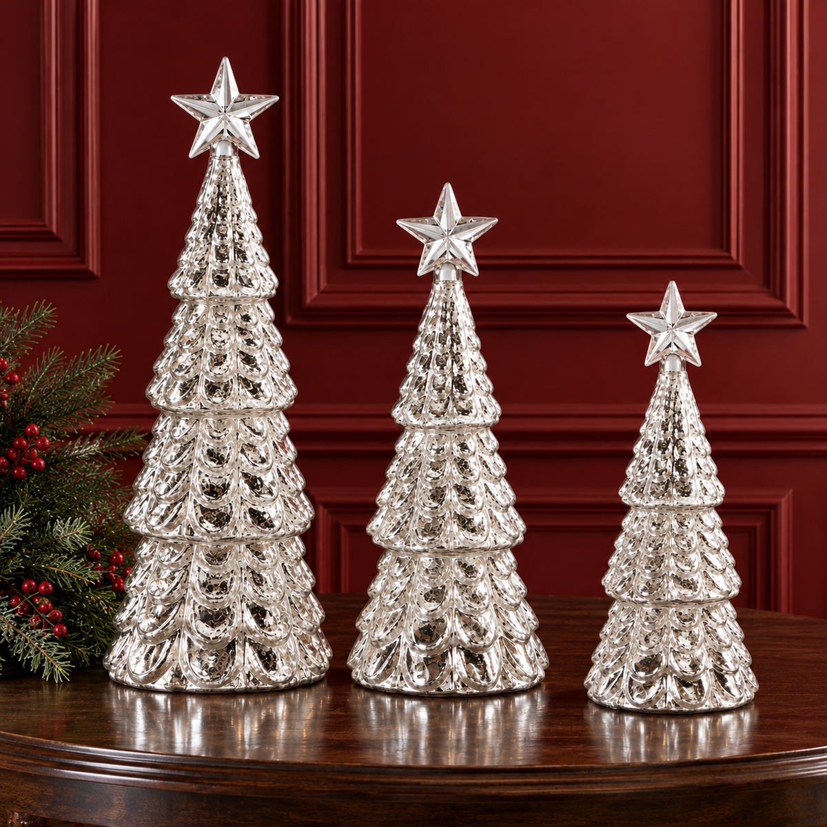 Mercury Glass Star Top LED Christmas Tree Set - Timer - Set of 3 — view 2