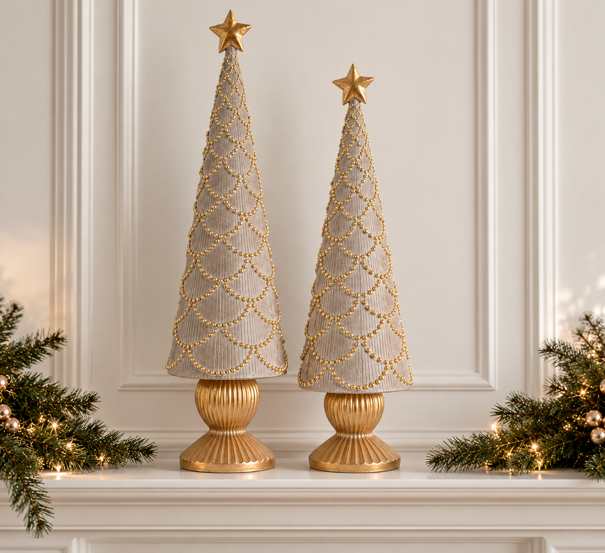 Tree Set with Gold Scallops & Star - 17" & 23" - Tan - Set of 2 — view 2