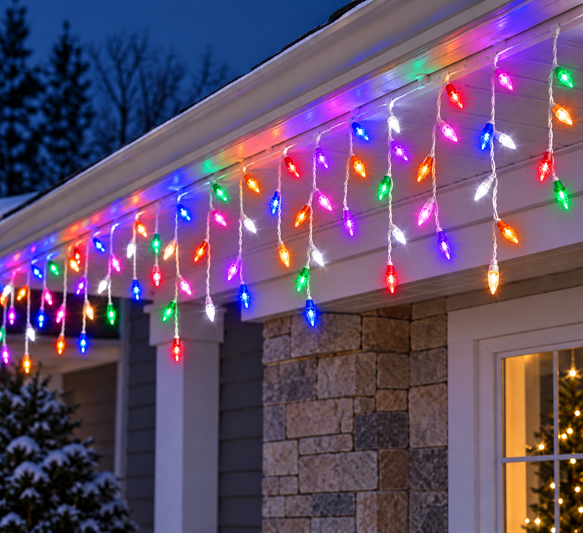 Multicolor Commercial M5 Faceted Icicle Light - 70 Lights - White Wire — view 2