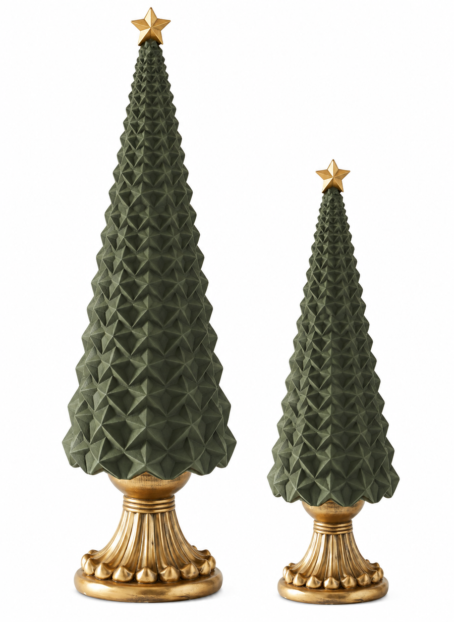 Velvet Star Embossed Tree Set - 13.5" & 21.5" - Sage Green - Set of 2